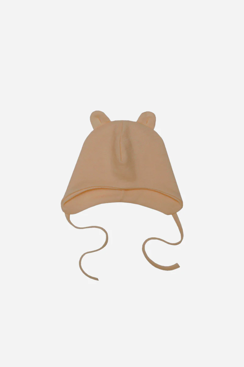 Cappellino neonato in lana merino e seta con lacci e orecchie