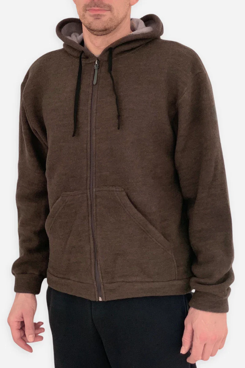 Felpa uomo in pile di lana con zip e cappuccio