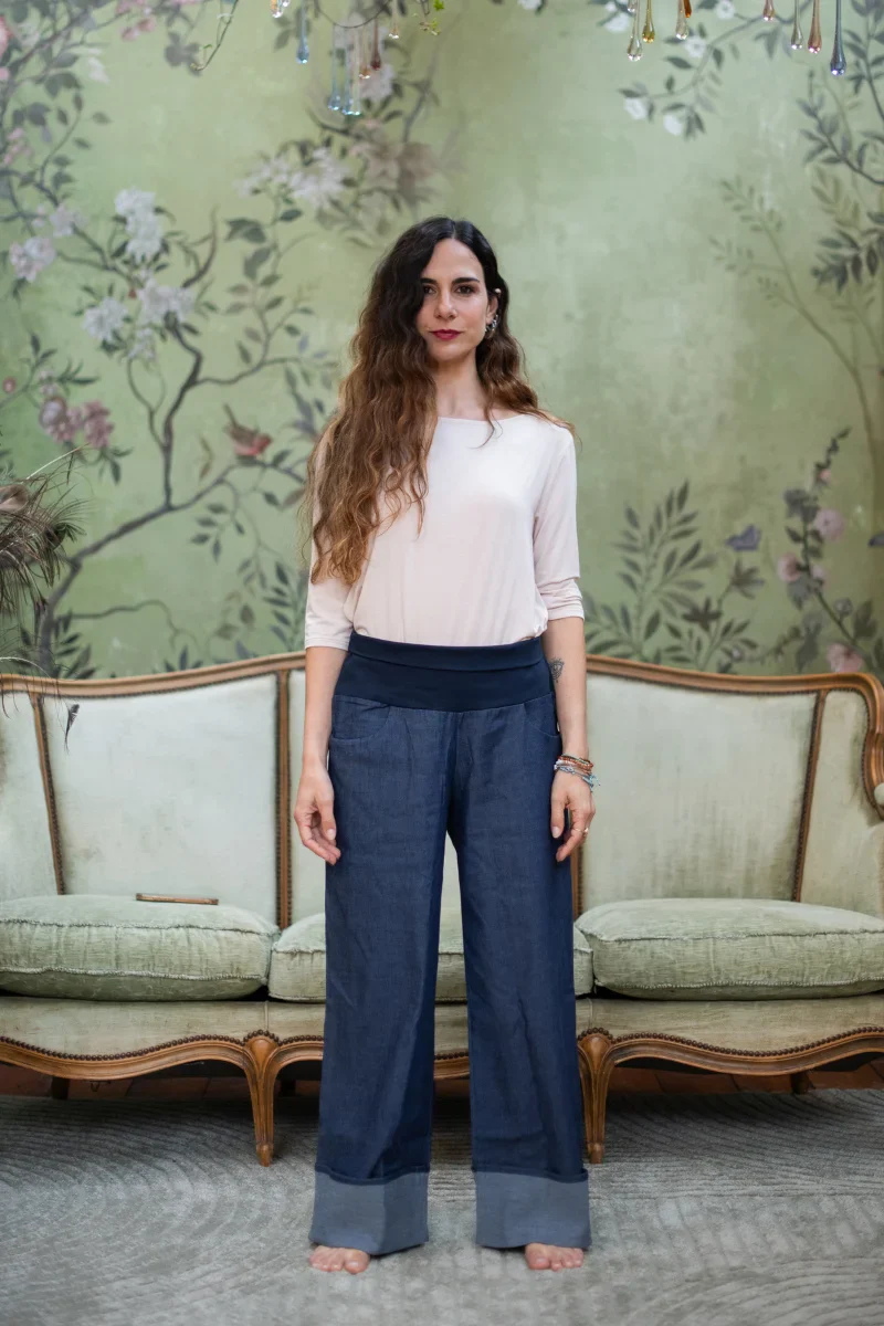 Pantaloni larghi donna con fascione e risvolto in cotone