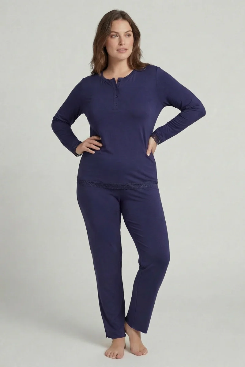 Pigiama donna con bottoni lungo con pizzo in bamboo - Image 3