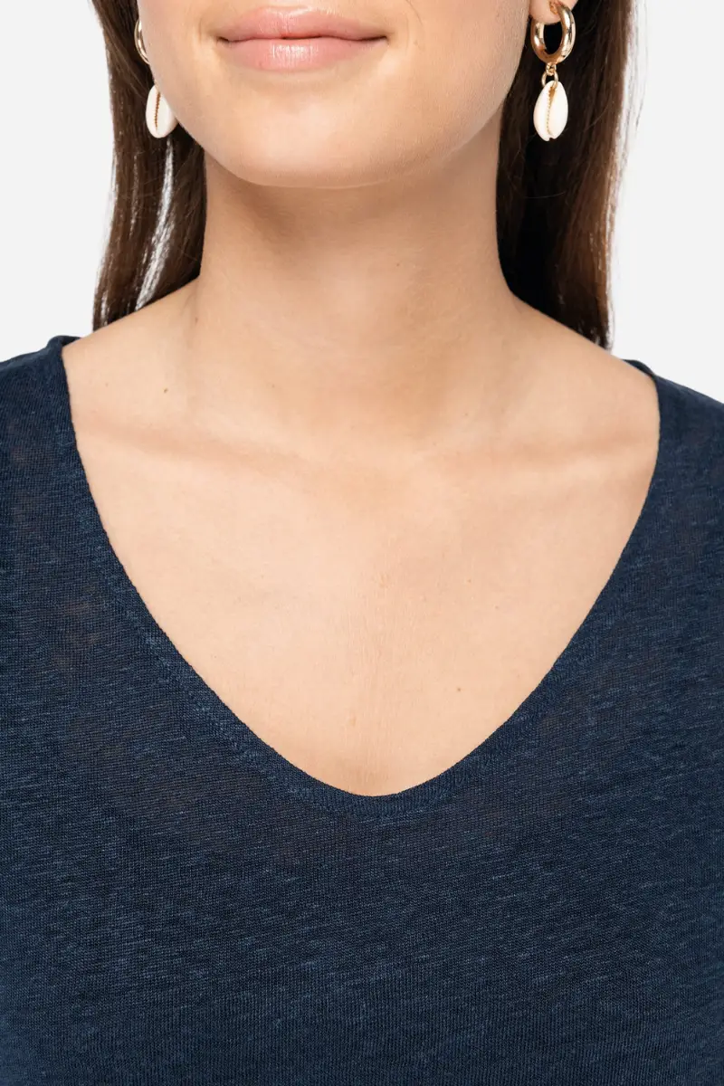 T-shirt in lino donna con scollo a V - Image 2
