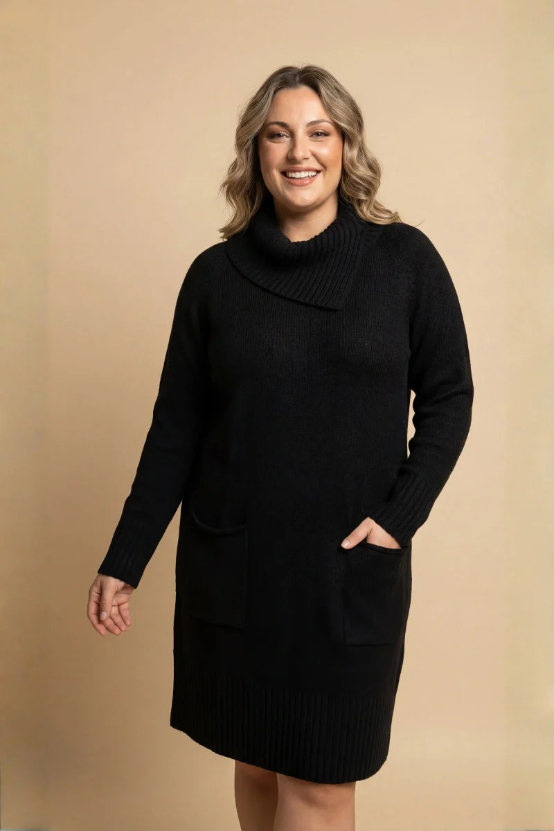 Vestito lana donna lungo con collo e tasche - Image 2